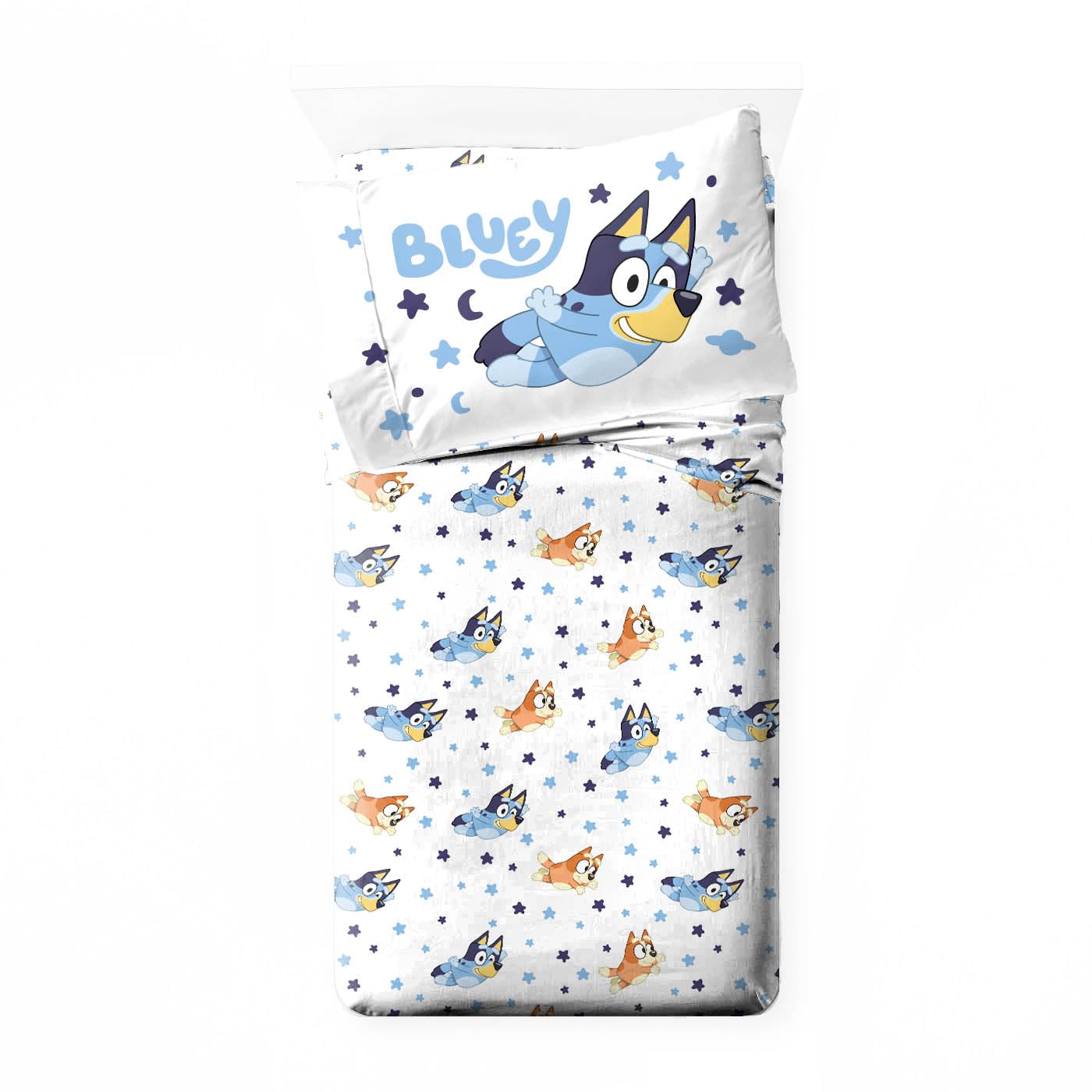 Jay Franco Bluey & Bingo Toddler Comforter Set - 4 Piece Bed Set Includes Sheet Set & Pillow Covers - Super Soft Clouds & Stars Kids Bedding
