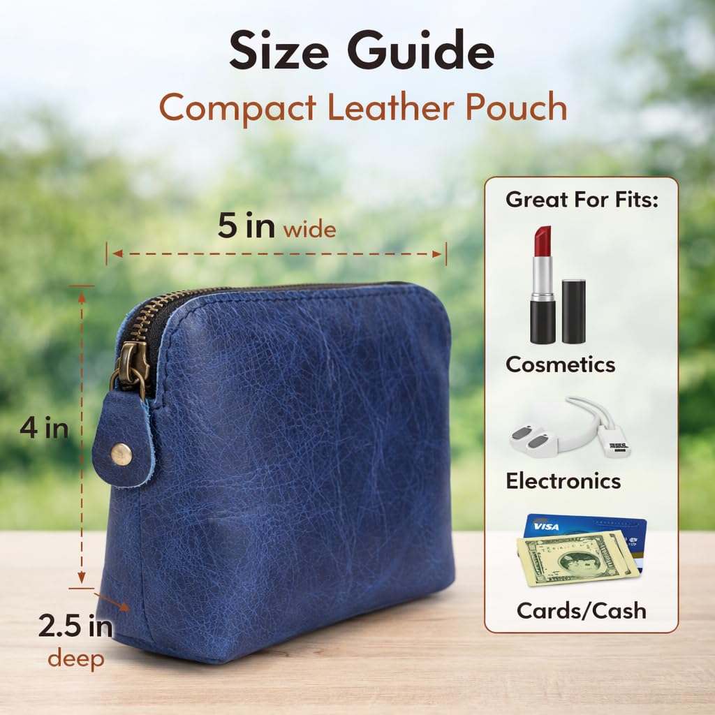 TheAntiq Full Grain Leather Cosmetic Bag – Zippered Makeup Pouch for Women, Small Travel Toiletry & Organizer Pouch for Purse, Premium Handmade Leather (5 × 4 × 2.5 in)