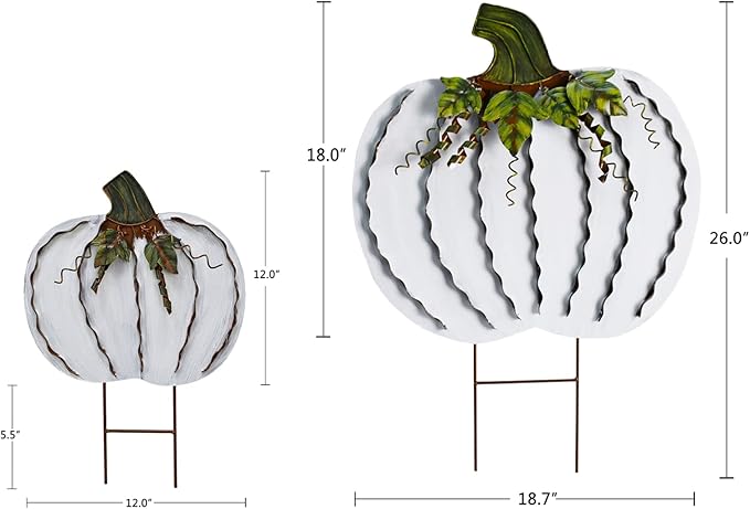 Metal Pumpkin Stakes Yard Signs Fall Decor Decorative Garden Stake Lawn Pumpkins Ornaments Outdoor Autumn Decoration for Harvest Halloween Thanksgiving (17.5" H+26" H White)