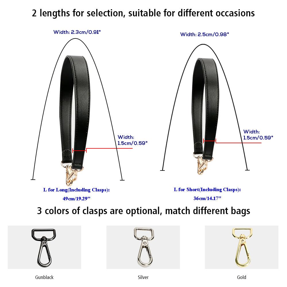 Flat Grain Leather Replacement Straps for Handbags Purse Straps Replacement Crossbody Gold Clasps Women Purse Making 14.17"(36CM) Long Black