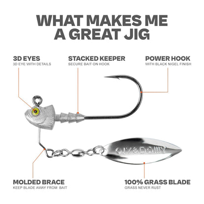6-Pack Underspin Jig Heads with 100% Brass Blade (Never Rust) - 3/16oz, 1/4oz, 3/8oz, 1/2oz - Bass & Saltwater Fishing