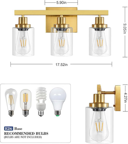 3 Light Gold Bathroom Light Fixtures, Bathroom Vanity Light Over Mirror, Gold Wall Sconce Vanity Lighting with Clear Glass Shade,Modern Farmhouse Bath Wall Lamp for Mirror Kitchen
