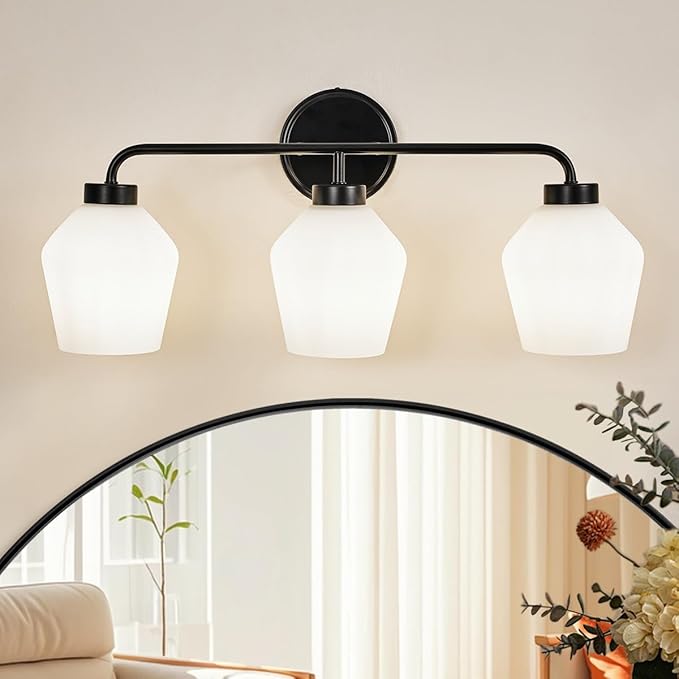 ANDY STAR Black Bathroom Light Fixture, 3-Light Bathroom Vanity Light, 25" Geometric Wall Light with Milky White Frosted Glass Shade, Industrial Metal Wall Sconce, E26 Base, Easy Installation