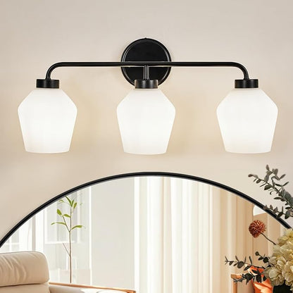ANDY STAR Black Bathroom Light Fixture, 3-Light Bathroom Vanity Light, 25" Geometric Wall Light with Milky White Frosted Glass Shade, Industrial Metal Wall Sconce, E26 Base, Easy Installation