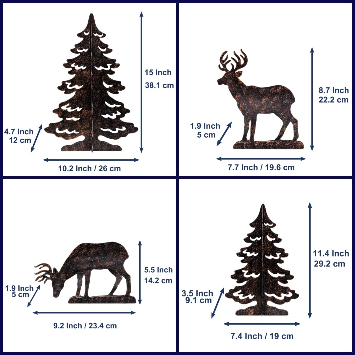 YULETIME 4-Piece Metal Christmas Reindeer and Tree Scene Silhouette Set, Winter Forest Deer & Spruce Landscape Holiday Tabletop Ornament