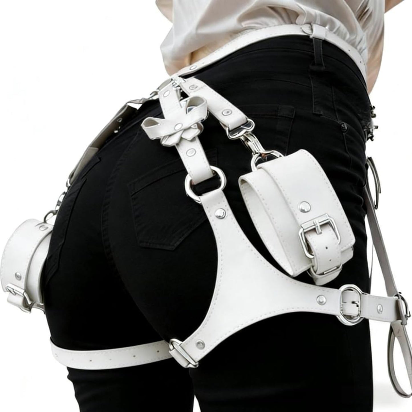 Punk Leather Thigh Straps,Women's Gothic Leather Thigh Harness,Adjustable Costume Accessory for Women,Waist Chain Belt Halloween Rave Festival Party Outfit（White）
