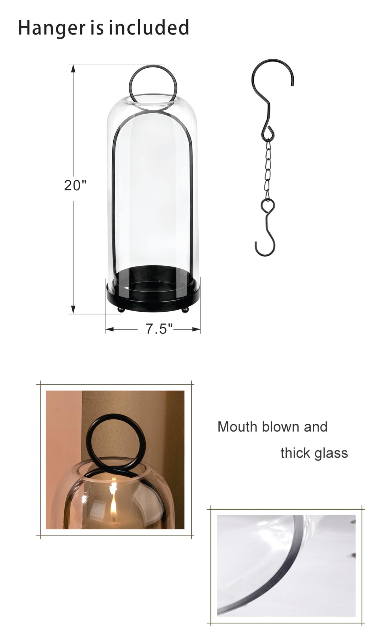 Twakutwaku 20" High Versatile Modern Metal Hurricane Lantern with Handmade Sturdy Glass Dome in Black for Pillar Candle & Plants, Industrial, Farmhouse, Shabby Chic (Black, 7.5"x20")