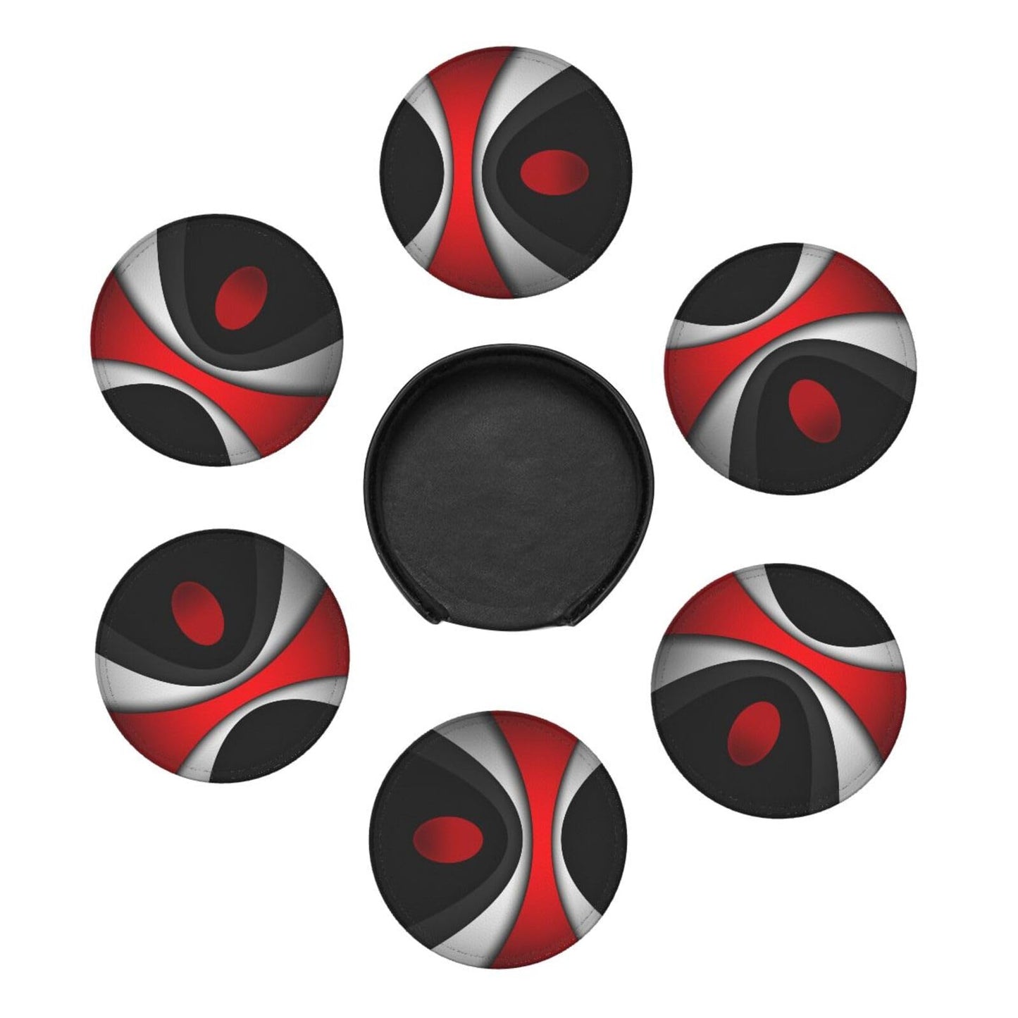Keeawou Black in Modern Abstract Red Leather Drinks Coasters with Holder, Set of 6, Suitable for Various Cups