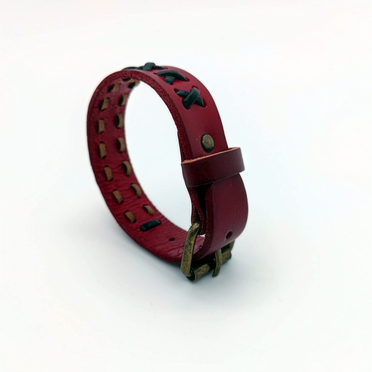 BIYONGDE Mens Red Leather Wristband Bangle Bracelet Interwoven with Black Leather, Buckle Clasp, Cool Stylish