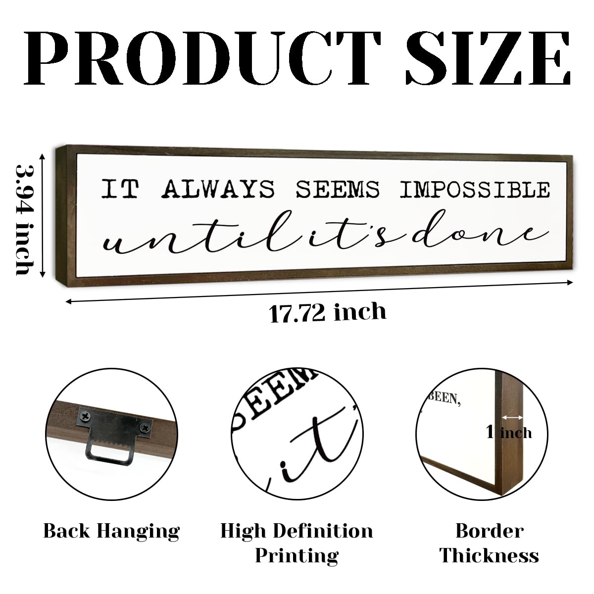 Positive Signs Decor, Motivational Office Workplace Wall Decor, Fitness Room Decoration, Farmhouse Home Decor, Long Wooden Block Signs, It Always Seems Impossible Until It's Done Sign 17.8x4x1.2 In