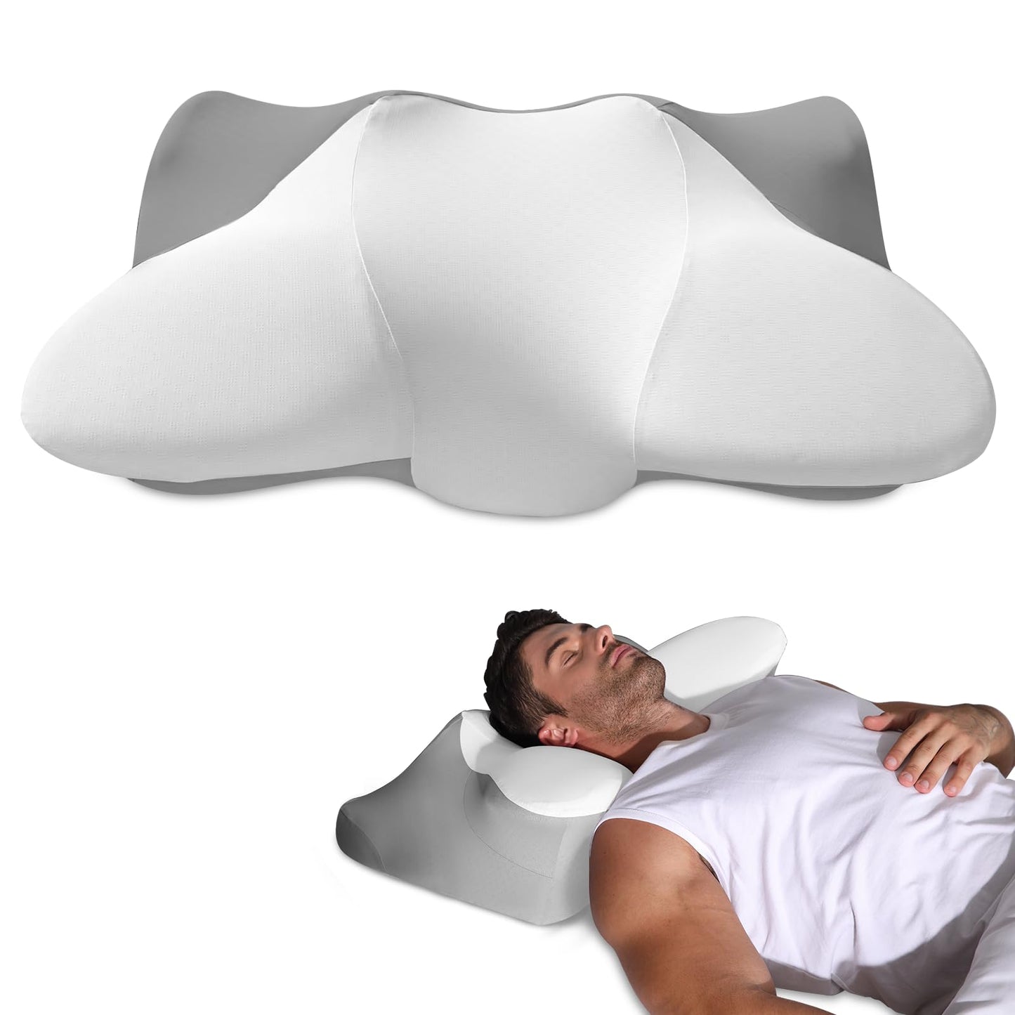 Dual-Height Cervical Neck Pillow for Pain Relief, Memory Foam Pillows with Cooling Tech -3D Ergonomic Support, Cooling Cover, for Side/Back/Stomach Sleeper Pillow, Minimalist Style - Gray,White