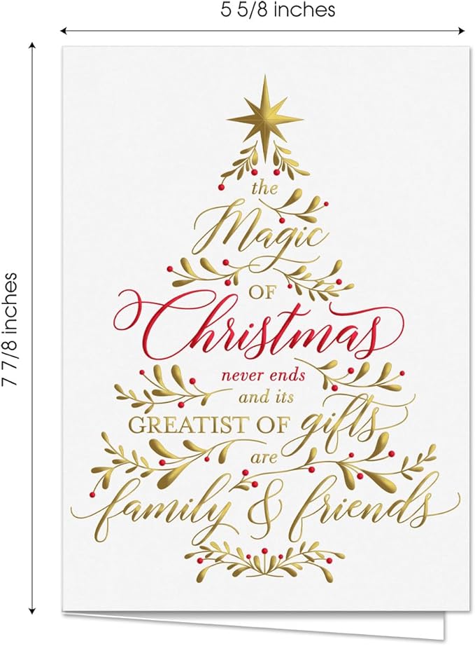 Masterpiece Believe In The Magic Of Christmas Cards / 15 Boxed Holiday Card Set With Shiny Foil Accents And Coordinating Red Foil Lined Envelopes / 5 5/8" x 7 7/8" Folded Winter Christmas Tree Family