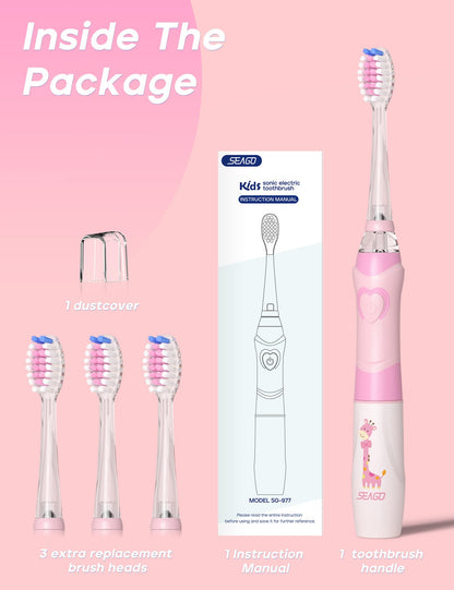 SEAGO Kids Electric Toothbrush with 2 Mins Brushing Timer and 4 Replacement Bursh Heads, Rainbow LED Light Make Brushing Fun, Boys Battery Powerd Toothbrush for 4-12 Years Old，SG-977 (Light Blue)