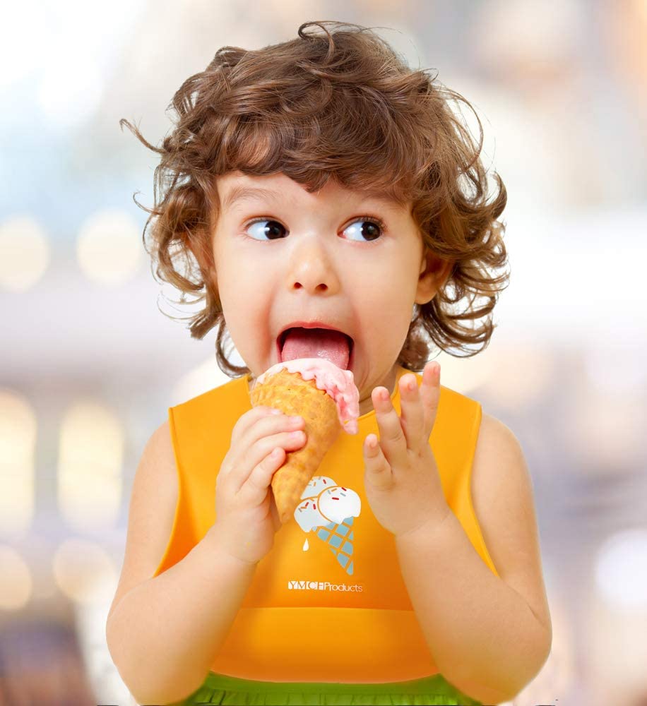 YMCF Products 2-Pack Waterproof Silicone Baby Bib Lightweight Comfortable Easy-Wipe Clean (Orange/Yellow, Small)