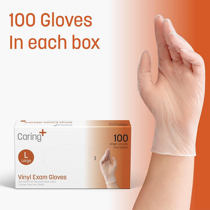 Caring Vinyl Exam Gloves (Medium, 100ct), Powder Free and Not Made with Natural Rubber Latex, Gloves for Medical Use, First Aid, Food Prep and More
