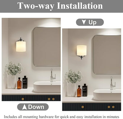 Brushed Nickel Milk Glass Wall Sconces, 1 Pack Hardwired Indoor Wall Light Fixtures for Living Room, Hallway, Bedroom, Ceramic E26 Sockets (Bulbs Not Included)