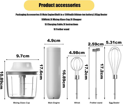 4-in-1 Electric Hand Mixer, Electric Whisk, Mini Onion Chopper 10Oz, Small Cordless Hand Blender, Milk Frother Wand for Coffee, Matcha, 4 Speed Rechargeable Food Processor for Baby Food Maker