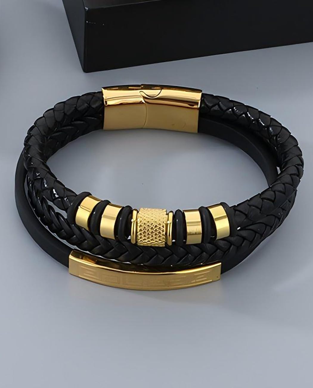 Kim Carrey Italian Handmade Genuine Leather Bracelets for Men Stainless Steel Clip, Men's Casual Genuine Multi-layer Cuff Bracelet, Bracelet Gift for Real Men (Golden)