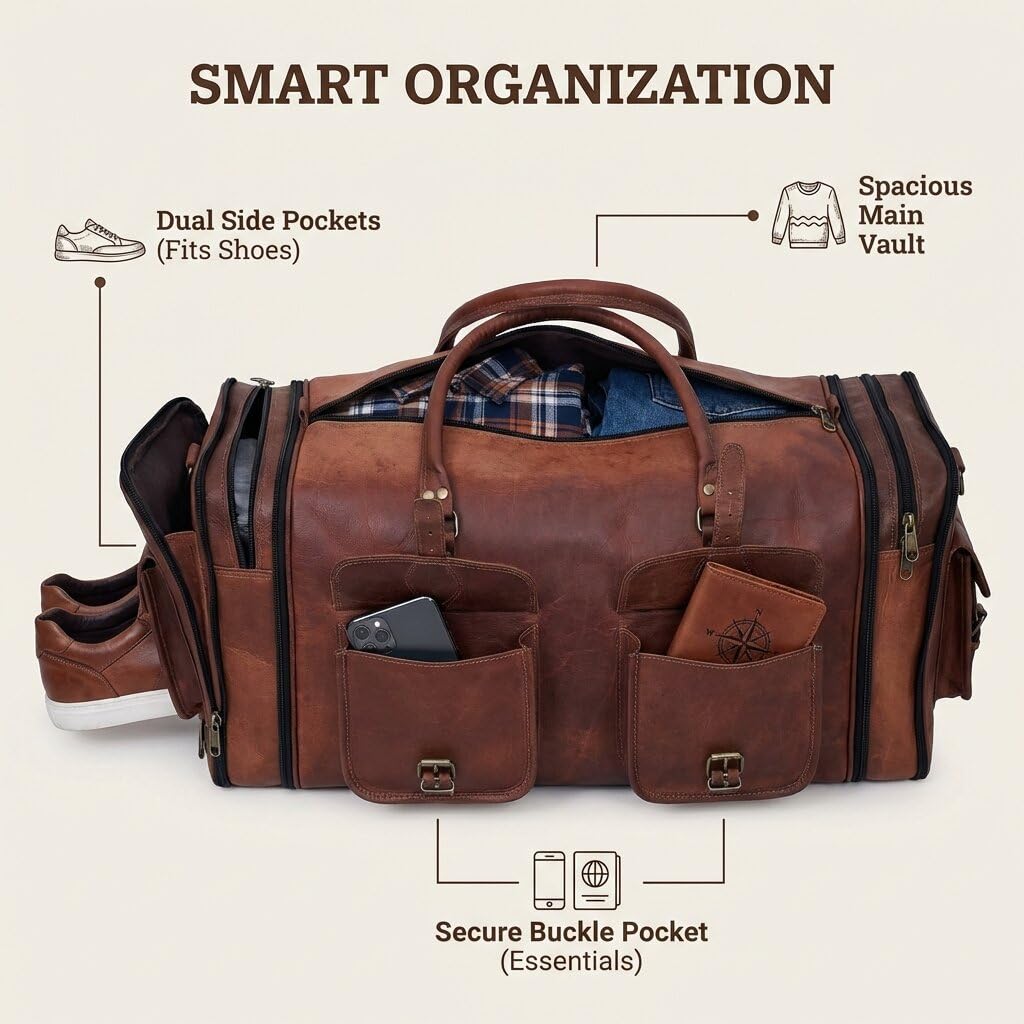 Handmade Vintage Travel Luggage 30 Inch Duffel Gym Sports Bag Weekender Travel Overnight Carry One Duffel Bag For Men (30 inch large)