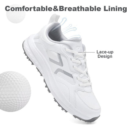 DARIBOM Mens Golf Shoes Spiked Non Slip Waterproof Golf Sneakers with Leather Upper Size 10.5(White)