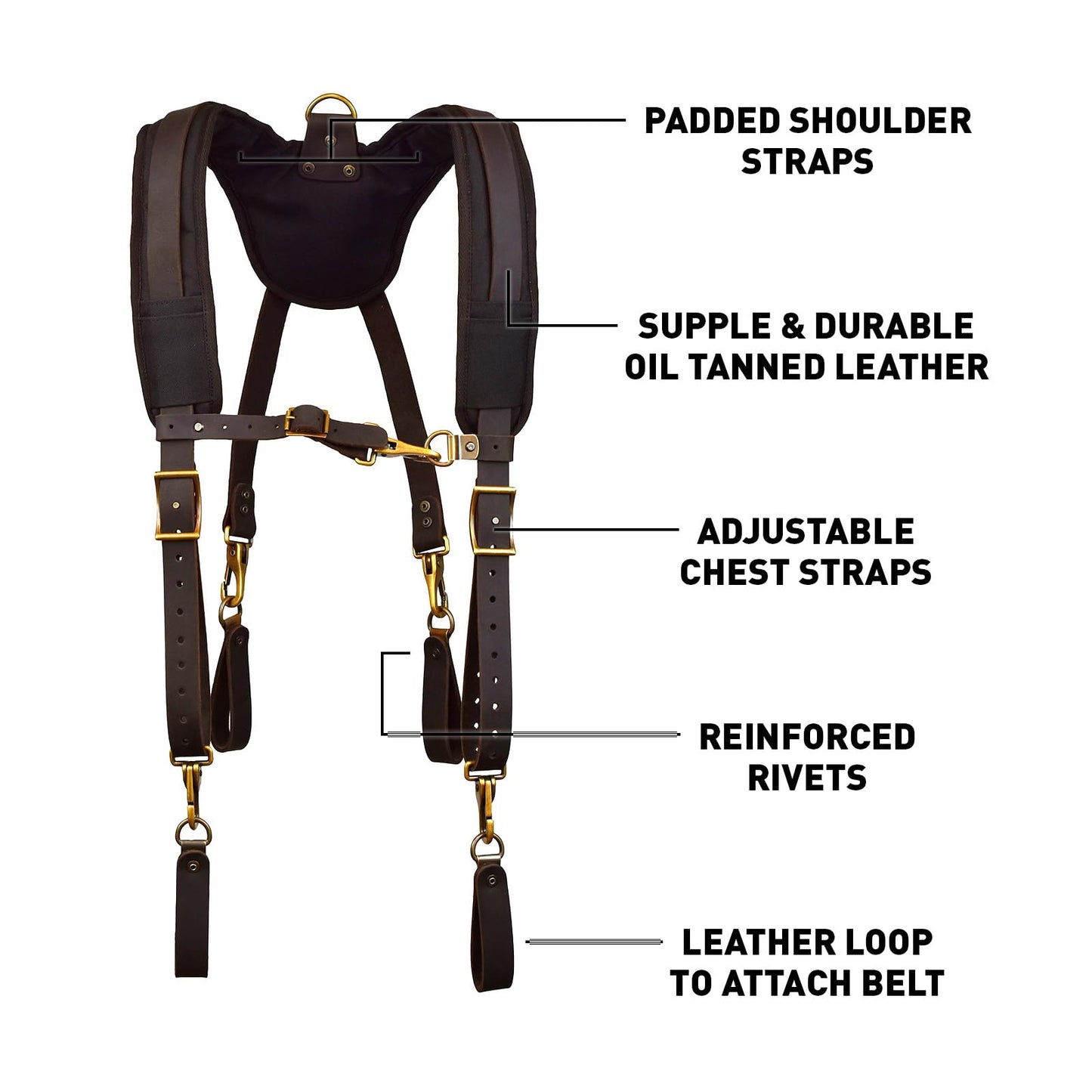 OX Tools Pro Oil Tanned Leather Tool Belt Suspenders for Men - Heavy Duty & Padded Support w/Adjustable Chest Strap OX-P263501 - Tirantes Para Bolsas de Construccion