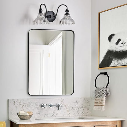 2-Light Modern Wall Sconce Black Wall Light Fixtures Made of Metal Body and Pressed Patterned Glass with Unique Design Vanity Light for Bedroom, Bathroom, Doorway, Farmhouse