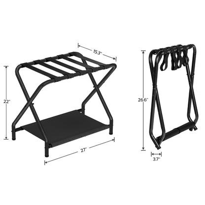 HOOBRO Luggage Rack, Folding Suitcase Stand with Fabric Storage Shelf for Guest Room, Bedroom, Hotel, Holds up to 100 lb, 27 x 15.3 x 22 Inches, Space Saving, Black BK04XL01