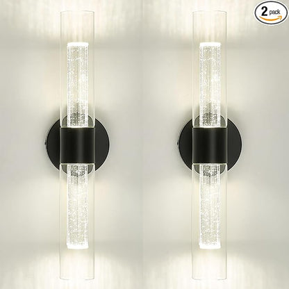 kudos Black Bathroom Sconces Wall Lighting,2 Pack LED Wall Lights with Crystal Bubble and Clear Glass, 3000K/4500K/6000K Adjustable,KDVL05-BK-2-2PK
