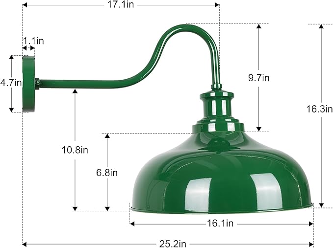 Outdoor Gooseneck Barn Light, 16 Inch Dome Rustic Outdoor Wall Sconce, Farmhouse Exterior Wall Mount Lighting Fixture, Industrial Green Wall Lantern for Porch, Entryway, Garage, RZ007L GR+WH