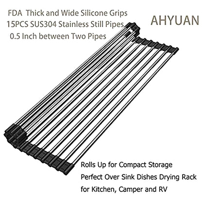 Ahyuan Roll up Dish Drying Rack Over The Sink Kitchen Roll up Sink Drying Rack Portable Dish Drainer Foldable Dish Drying Rack (Warm Gray, 17.8''X17'')
