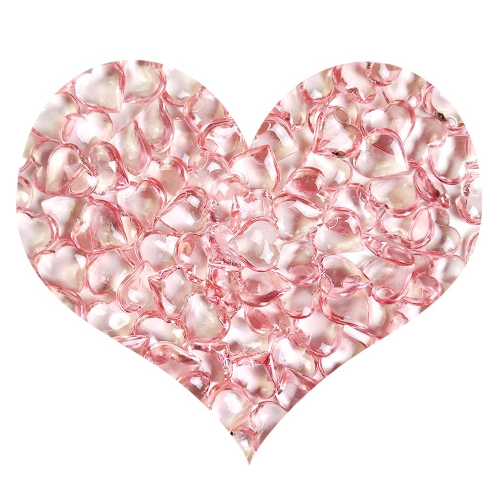 150 Pcs Pink Acrylic Heart Shaped Crystals, 0.9 Inch Heart Crystal Rhinestones, Diamond Fake Gems for Vase Fillers,Table Scatters,Wedding Centerpieces,Birthday,Bridal Shower