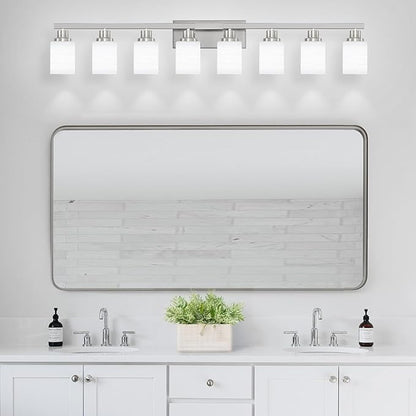 8-Light Bathroom Light Fixtures, 52inch Nickel Vanity Light with Milky White Glass Shade, Modern Bathroom Wall Lights Over Mirror, Farmhouse Wall Sconces Lighting for Bedroom Living Room