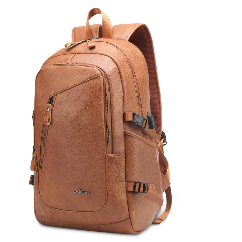DYJ Vegan Leather Laptop Backpack for Men, Faux Leather Vintage Weekend Travel Daypack with USB Charging Port Fit 17 Inch Laptops