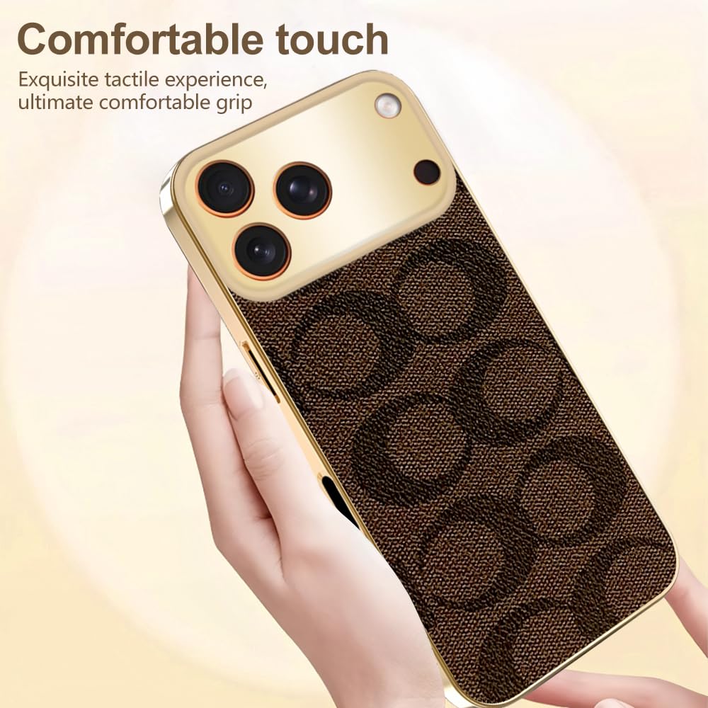 Sriyso Designer Case for iPhone,Luxury Classical Vintage Leather for Women Girl,Camera Protection,Electroplating Frame Anti-Fingerprint Military Grade Drop Shockproof Cover（Gold,iPhone 16 Plus