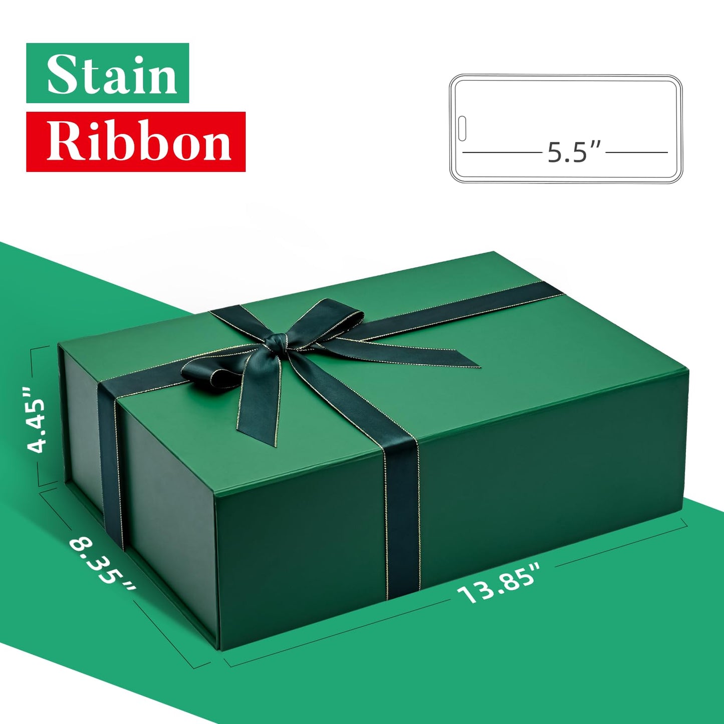 LIFELUM Gift Boxes with Lids 2 Pack 13.85 x 8.35 x 4.45 inch Green Christmas Gift Boxes with Strong Magnetic Lid for Presents with Luxury Accessories Card, Ribbon, Filler,Sticker