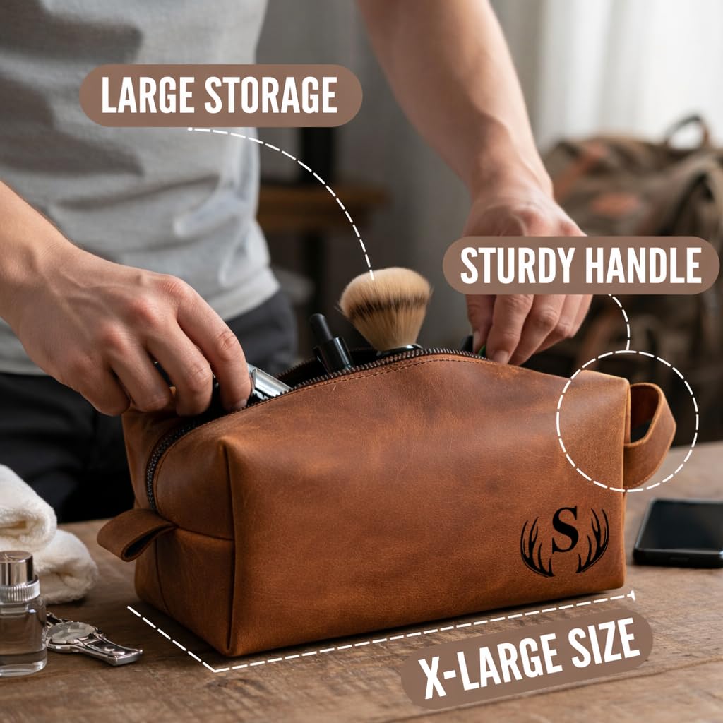 GiftShopie Personalized Handmade Genuine Leather Toiletry Bag | Custom Engraved Shaving Dopp Kit with Name, Initial | Travel Pouch for Men, Him, Husband, Dad, Boyfriend | Gift Idea for Groomsmen