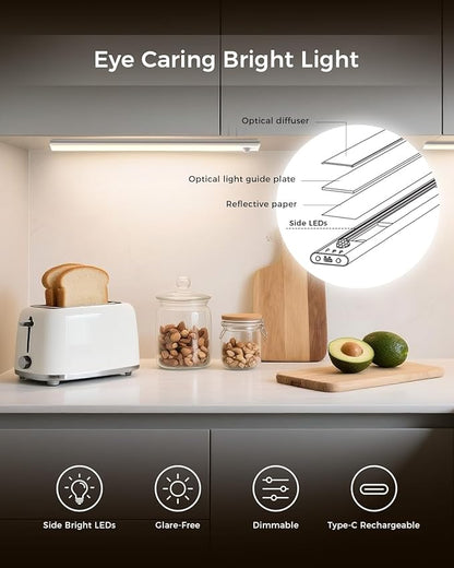 2 Pack 11.8" Motion Sensor Cabinet Light, Under Cabinet Lighting with 4 Modes (Auto Night/Day/Always On/Off), 3 CCT & Stepless Dimming, USB Type-C Charging, for Kitchen, Stairs