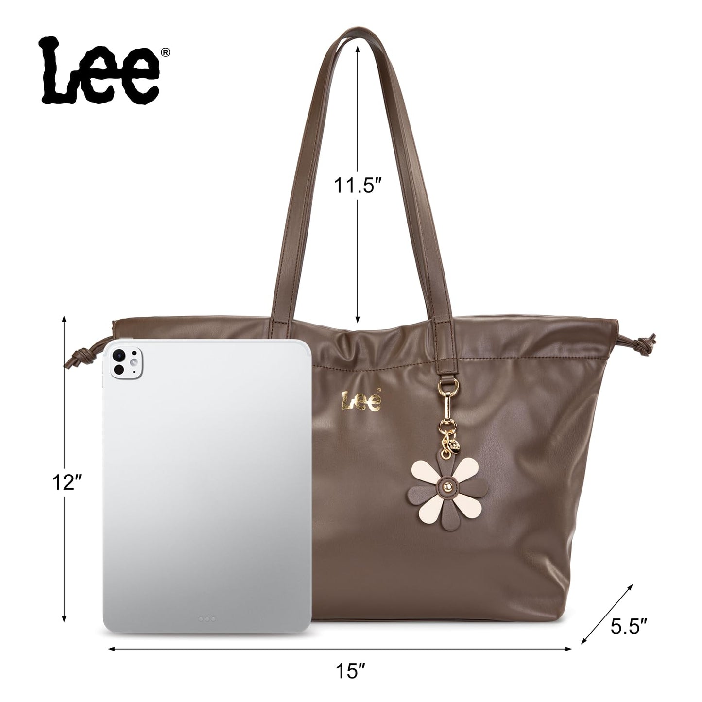 Lee Leather Tote Bag for Women, Spacious Vegan Leather Shoulder Bag & Handbag with Drawstring Closure, Durable Shoulder Straps, Large Capacity Work & Travel Purse, LEE73-001CF