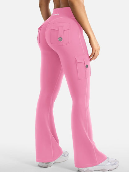 YEOREO CoreFlex Women Workout Flare Leggings with Pockets Hidden Scrunch High Waisted Cargo Gym Yoga No Front Seam Leggings Pink XL