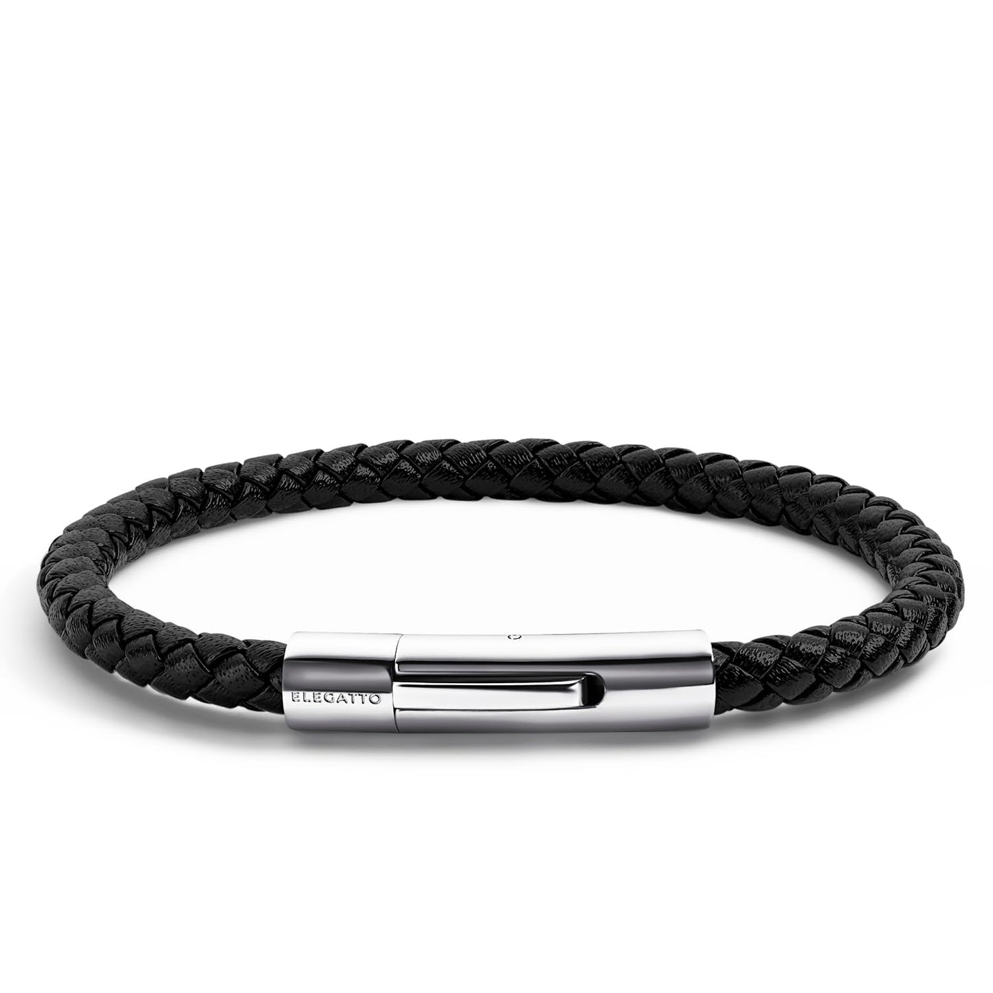 Elegatto Elagio Premium Braided Leather Bracelet for Men | Full-Grain Braided Leather with Sterling Silver Polished Stainless Steel Clasp | Men’s Designer Bracelets | Large