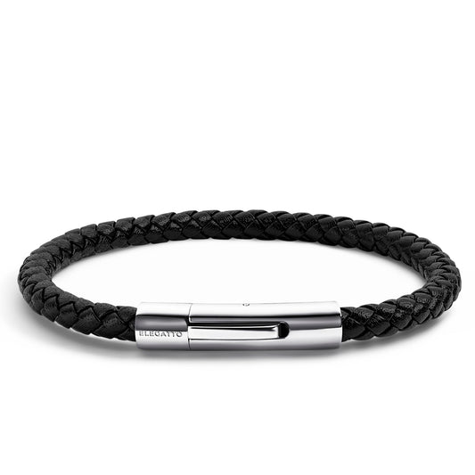 Elegatto Elagio Premium Braided Leather Bracelet for Men | Full-Grain Braided Leather with Sterling Silver Polished Stainless Steel Clasp | Men’s Designer Bracelets | Small