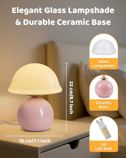 Mushroom Lamp Bedside Table Lamp for Bedroom, Cute Small Lamps with Glass Lampshade, Nightstand Lamp with Dimmer for Living Room Kitchen Apartments Offices Desk Shelves (Pink)