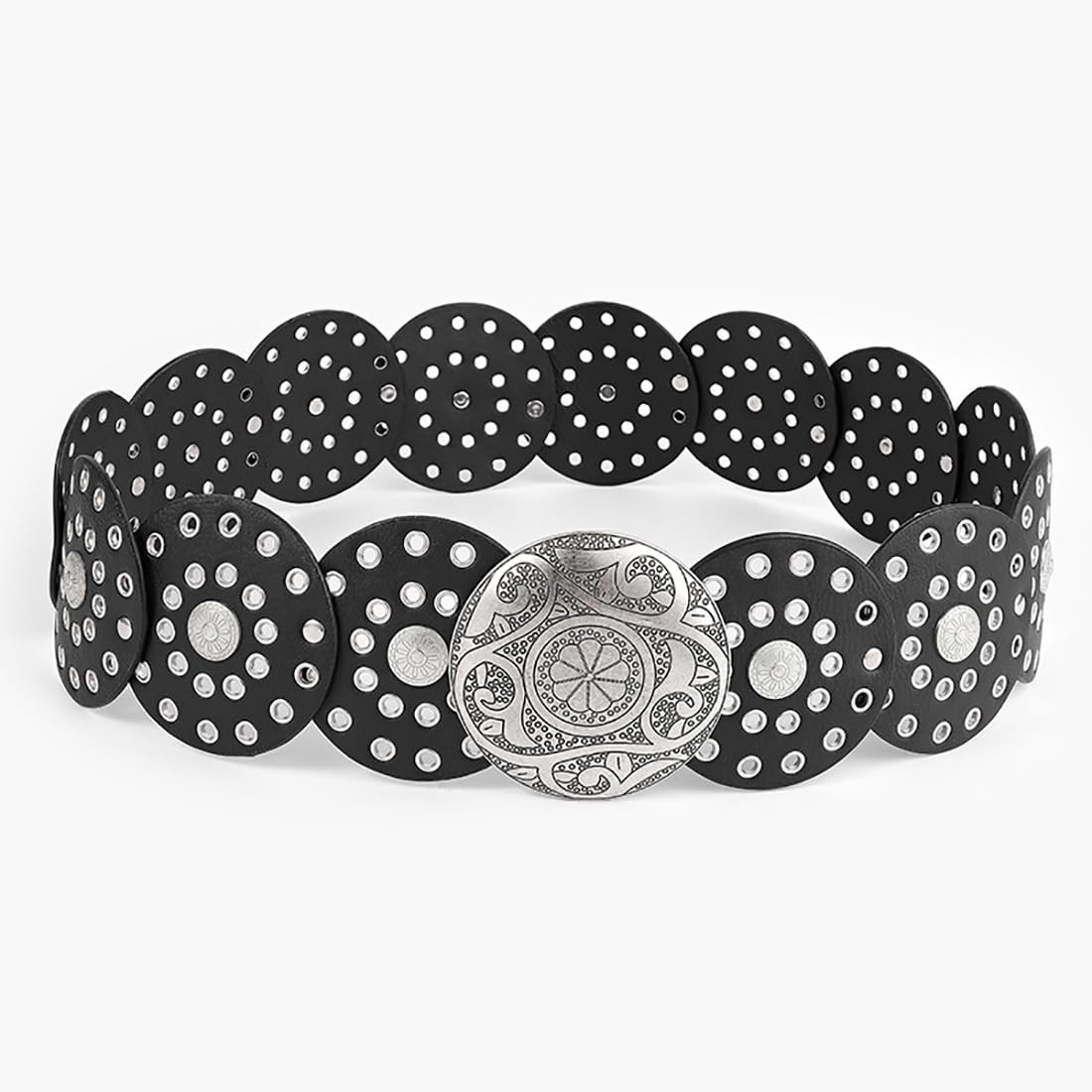 Heyjoin Hollow Wide Disc Belt for Women Out Round Leather Metal Buckle Belt Soft Durable Vintage Western Waist Belts (Silver Black A-XL)