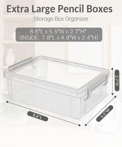 Sooez 6 Pack Extra Large Pencil Box, Plastic Hard Pencil Case Crayon Box Bulk, Clear Marker Organizer Plastic Containers with Lid, Stackable Storage Boxes for Art Craft, Back to School Supplies, Multi