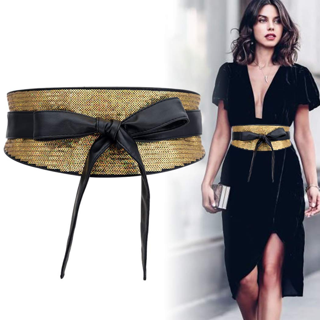 shengweiao Women's Sequin Faux Leather Self Tie Wrap Obi Waist Belt (Gold)