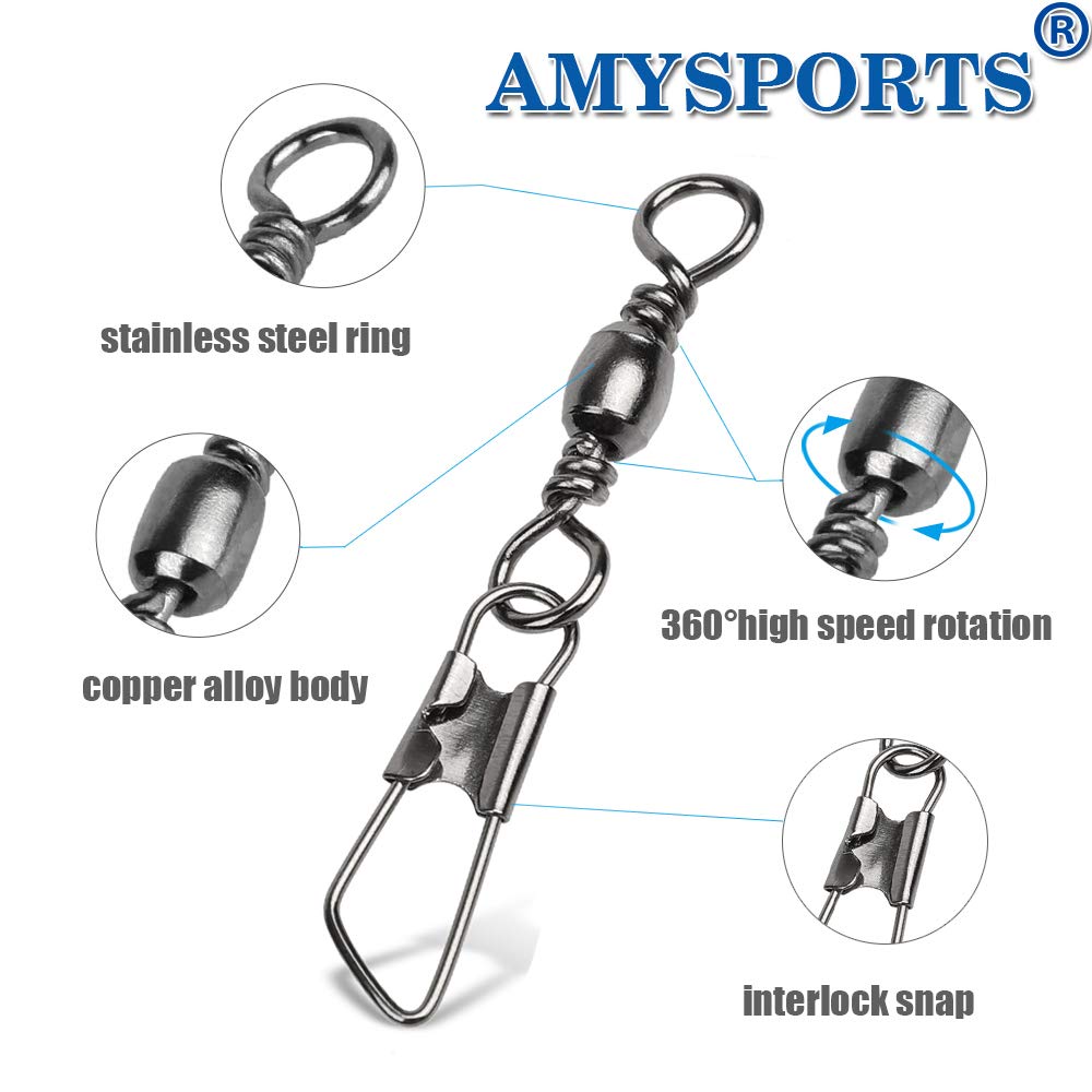 AMYSPORTS Stainless Steel Snap Swivel Saltwater High Strength Snaps Fishing Barrel Line Connector Fishing Swivels Barrel Safety Snap Fishing Tackle Stainless Steel Accessories 50pcs 19lbs