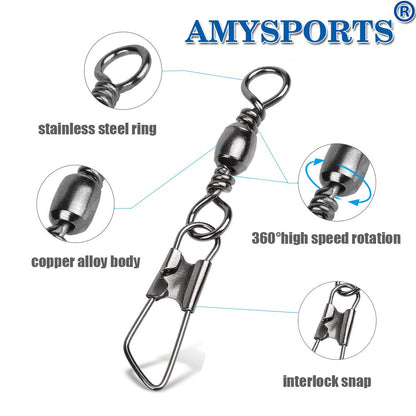 AMYSPORTS Stainless Steel Snap Swivel Saltwater High Strength Snaps Fishing Barrel Line Connector Fishing Swivels Barrel Safety Snap Fishing Tackle Stainless Steel Accessories 50pcs 74lbs
