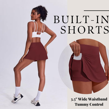 PINSPARK Skorts for Woman High Waisted Tennis Skirt Lightweight Golf Skirts with Pockets Flowy Pickleball Skirt Stretchy Athletic Skorts, Red Merlot X-Small