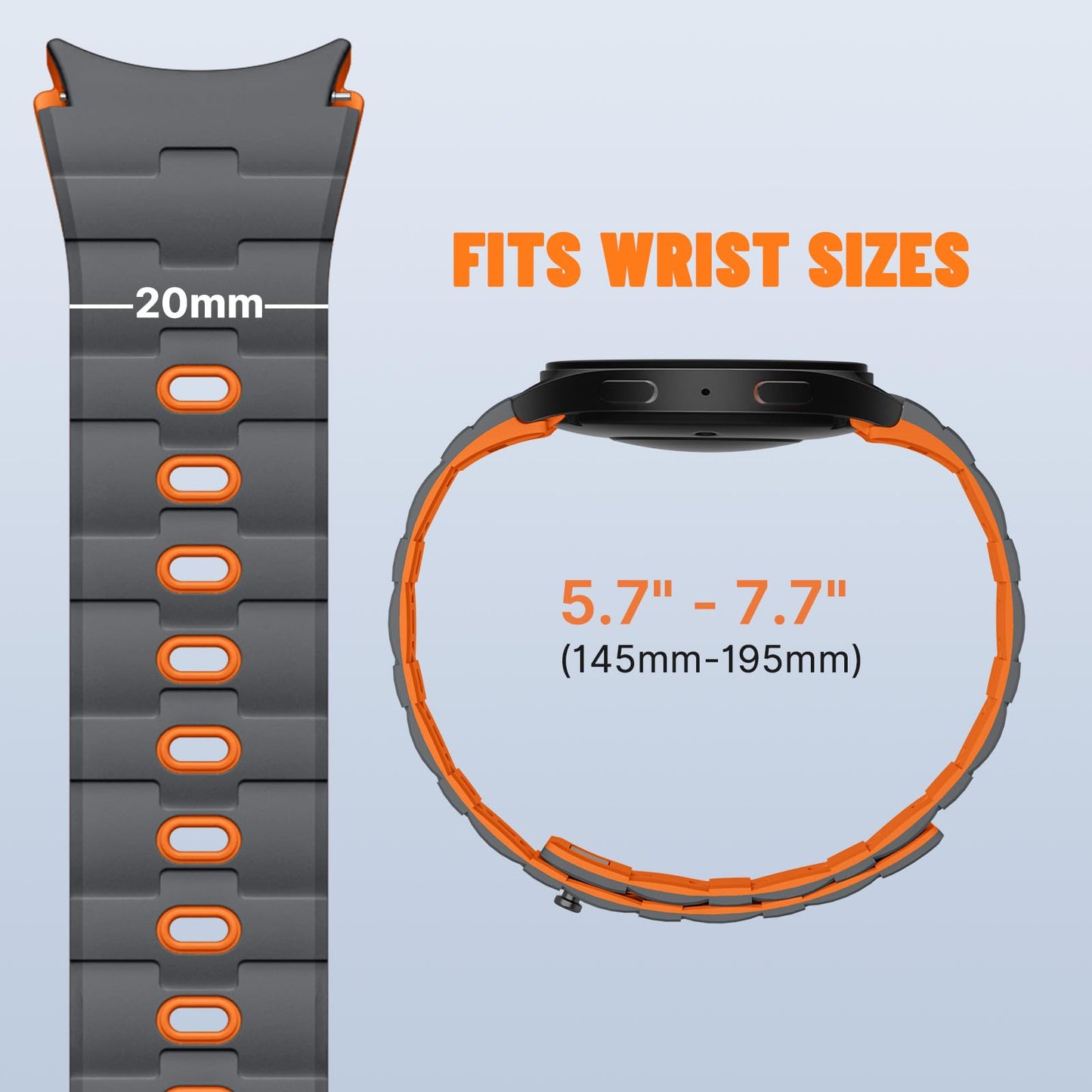 Bandletic 20mm No Gap Magnetic Band for Men Compatible with Samsung Galaxy Watch 7 6 5 4 FE 40mm 44mm/for Galaxy Watch 6 4 Classic 43mm 47mm 42mm 46mm/Watch 5 Pro 45mm,Spacegray-Orange