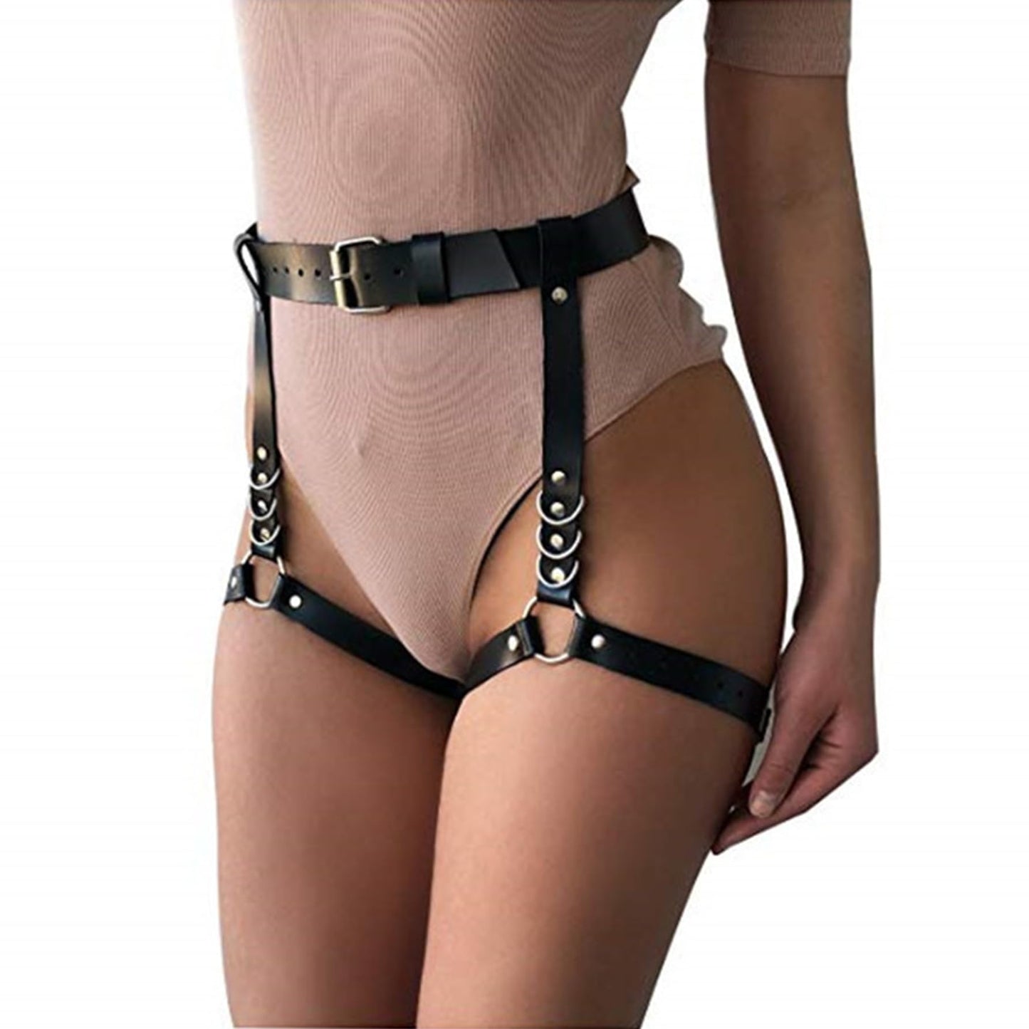 KJSUHFN Women's Garter Belts Punk Leather Adjustable Body Harness (Black, One Size)